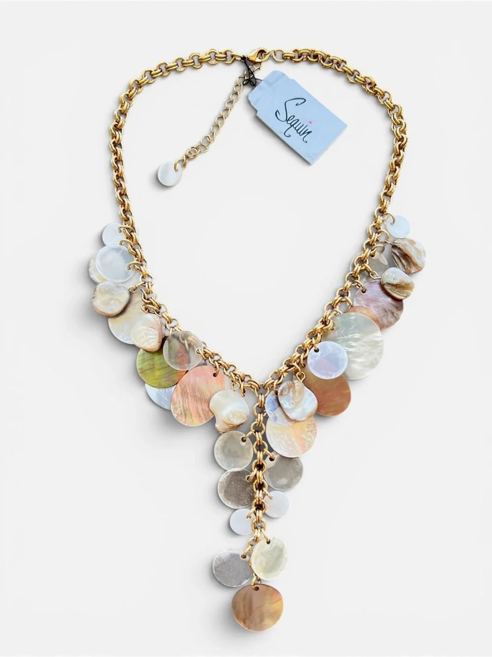 Sequin Multicolor Irideacent Shell Disc Gold Chain Necklace